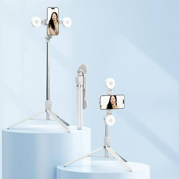 Wireless Selfie Stick Tripod Stand with Light Bluetooth Remote Extendable Tripod for Mobile Phone Video Recording White