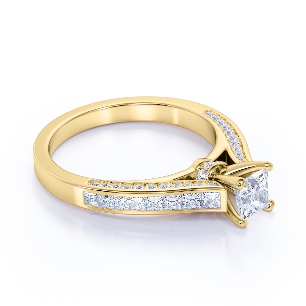 JeenMata Vintage 1 Carat Princess Cut Moissanite - Channel Set Band - Edwardian Engagement Ring in 18K Yellow Gold over Silver