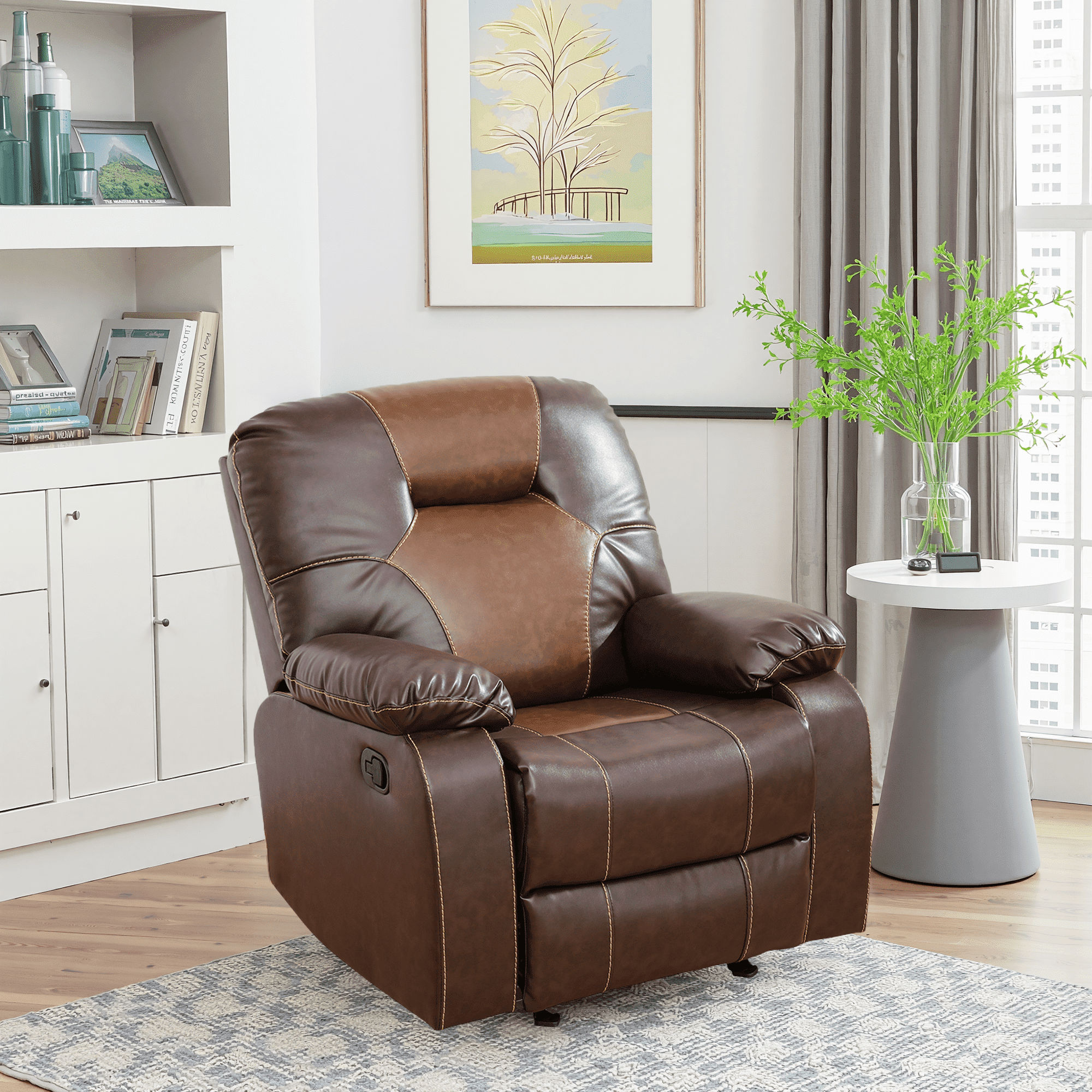 MAYEERTY 40" Modern Bonded Leather Chair Simple Reclining Stylish Business Function Sofa for Living Room，Brown