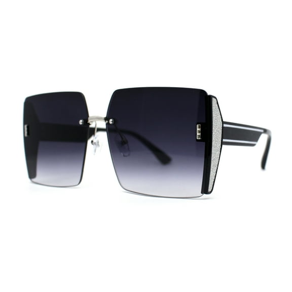 Womens Rimless Side Glitter Trim Oversize 90s Butterfly Sunglasses Black Silver Smoke