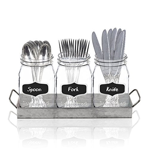 3 Glass Mason Jars with Black Chalk Label - 17 Ounces Clear Chalkboard Mugs on Galvanized Caddy ...
