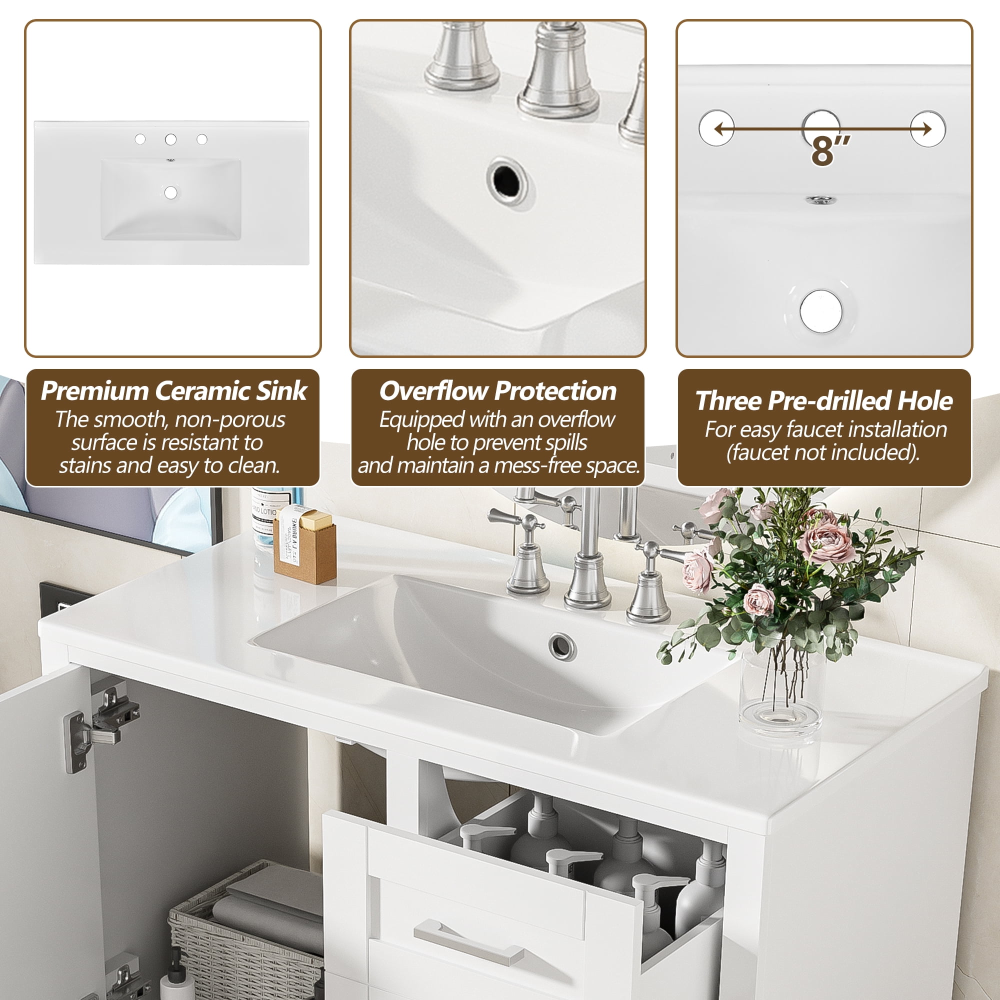 Euroco 36" White Bathroom Vanity with Solid Pine Frame, 1 Soft Close Door and 3 Drawers , Modern Storage Cabinet