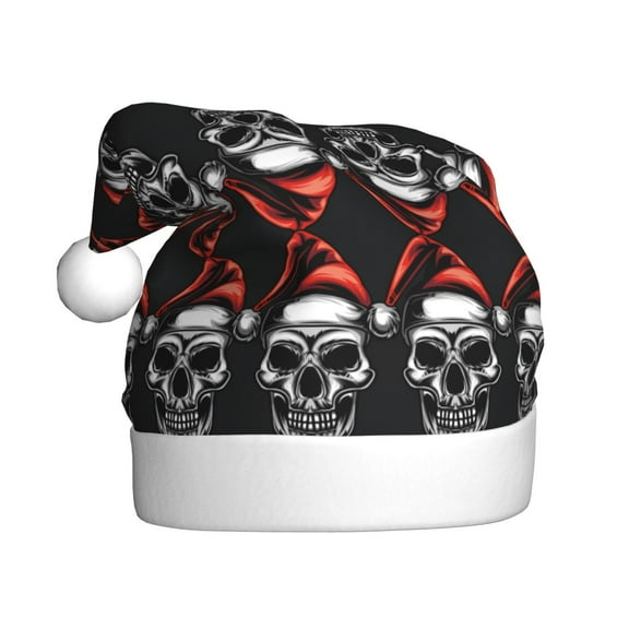 Fuzoiu Skull santa hat Print Santa Hat Christmas Hat for Adults,Santa Hats with Pompom, Unisex Xmas Holiday Hat for Christmas New Year Festive Party Supplies