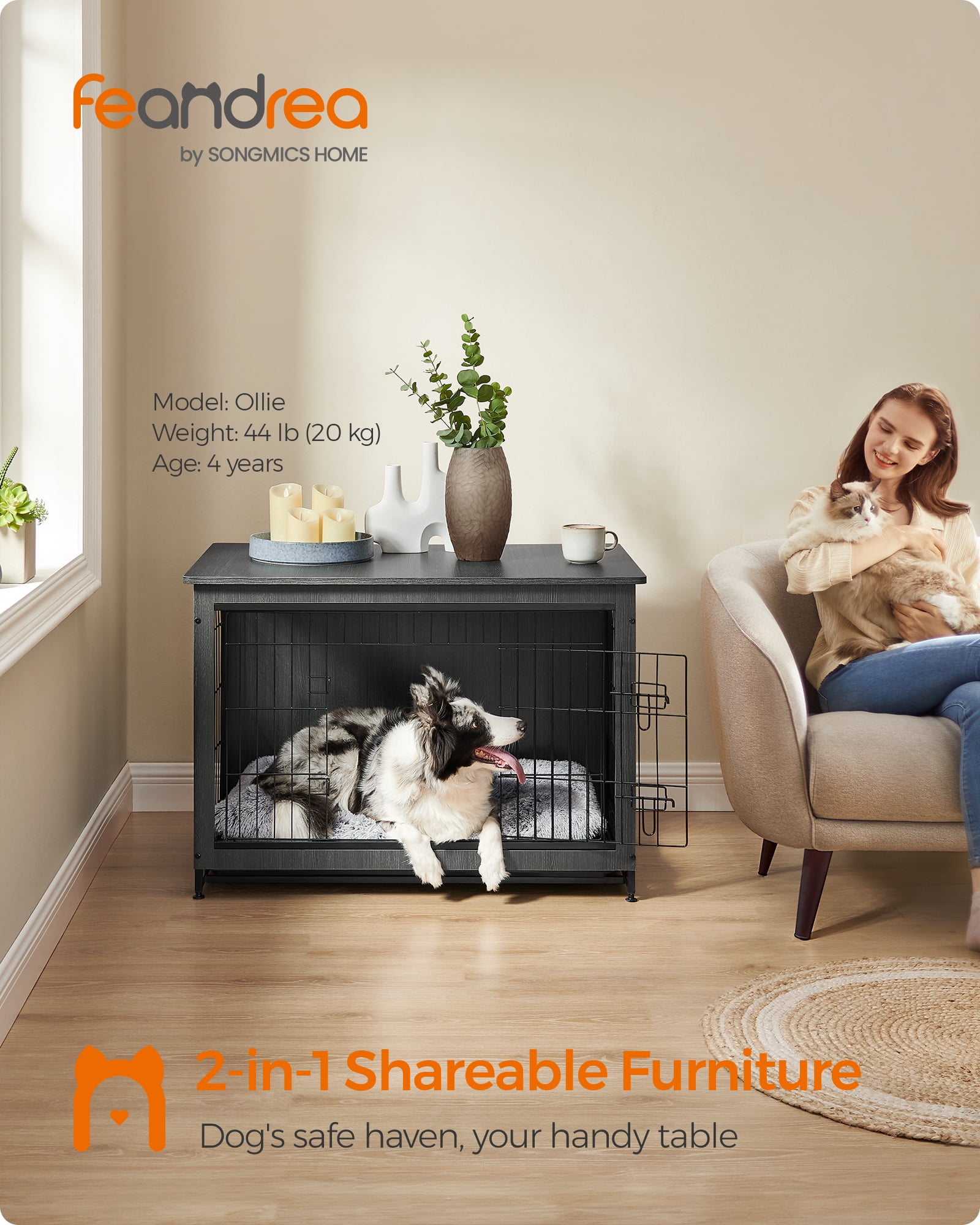 Feandrea Wooden Dog Crate Furniture,Double-Doors Kennel for Dogs Indoor up to 70 lb, Removable Tray, End Table Dog Crate for Decoration 38.6"L x 25.6"W x 26.8"H, Ink Black