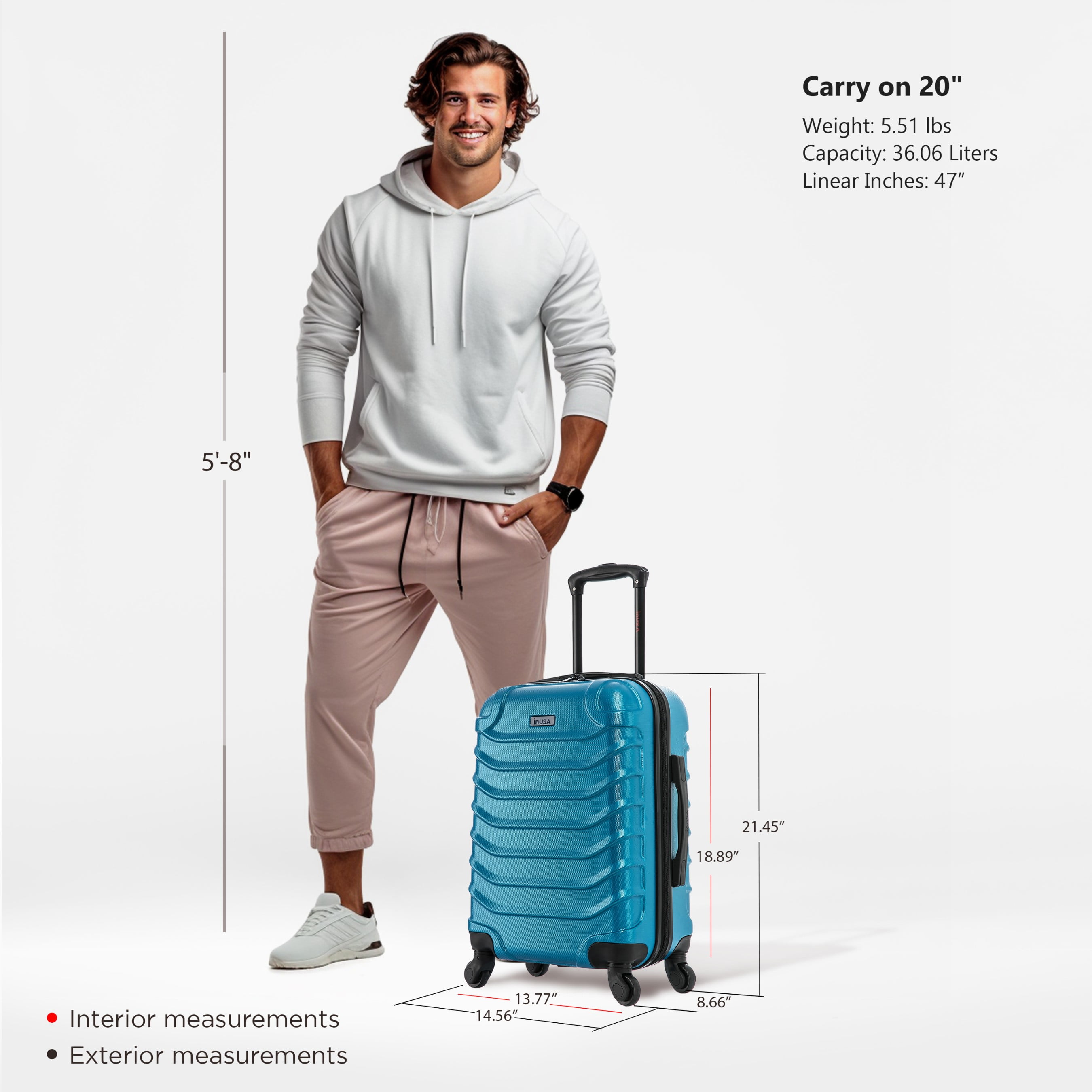 InUSA Endurance 20" Hardside Lightweight Luggage with Spinner Wheels, Handle, and Trolley, Teal