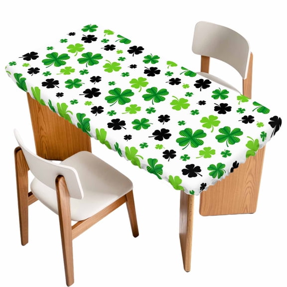 St Patricks Day Table Cloths for 6 Foot Rectangle Tables, Spring Country Green Black Shamrock Patio Waterproof Elastic Fitted Tablecloths, Washable Rectangular Table Cover for Camping
