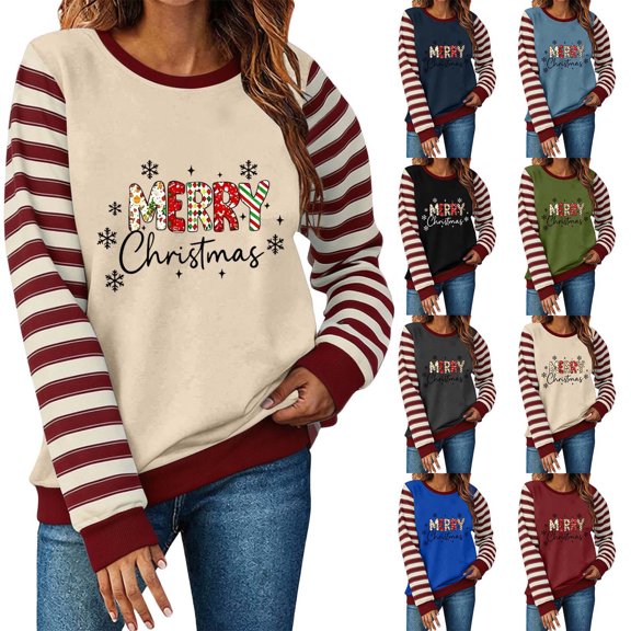 Christmas Sweatshirts for Women, Letter Print Striped Long Sleeve Crewneck Loose Fit, Fall Holiday Party Graphic Tops S-XXL