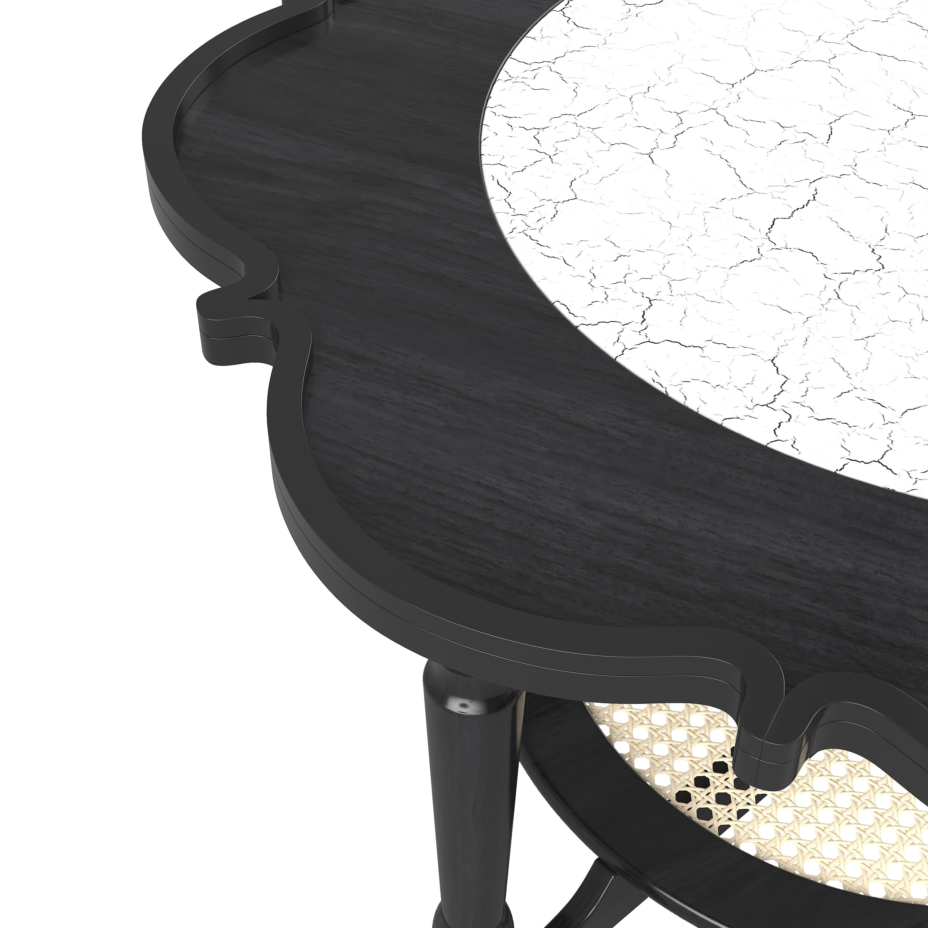 GARITIN Petal Shape Coffee Table 31.5 Inch, 2 Tiered Coffee Table with White Crackle Pattern Glass and Rattan for Living Room, Black