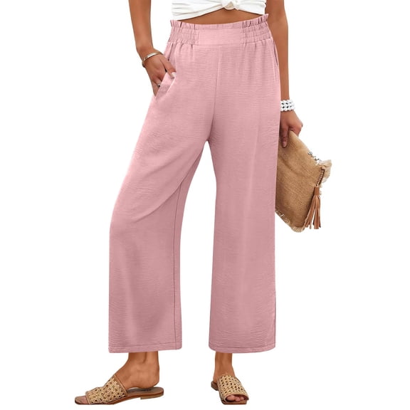 HKYNLAG Womens Wide Leg Palazzo Pants Summer Beach High Waisted Cropped Flowy Pants 2026 Dressy Casual Trousers with Pockets Pink 2XL