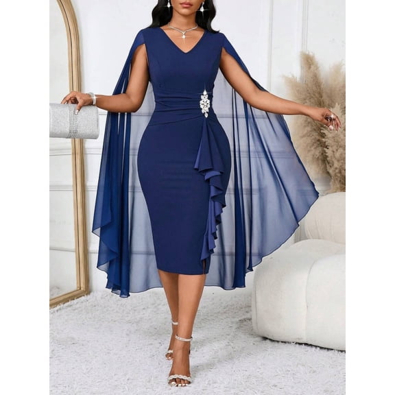 Navy Blue Elegant Cape Midi Dress With Ruffle Detail And Rhinestone Belt For Formal Evening Wear