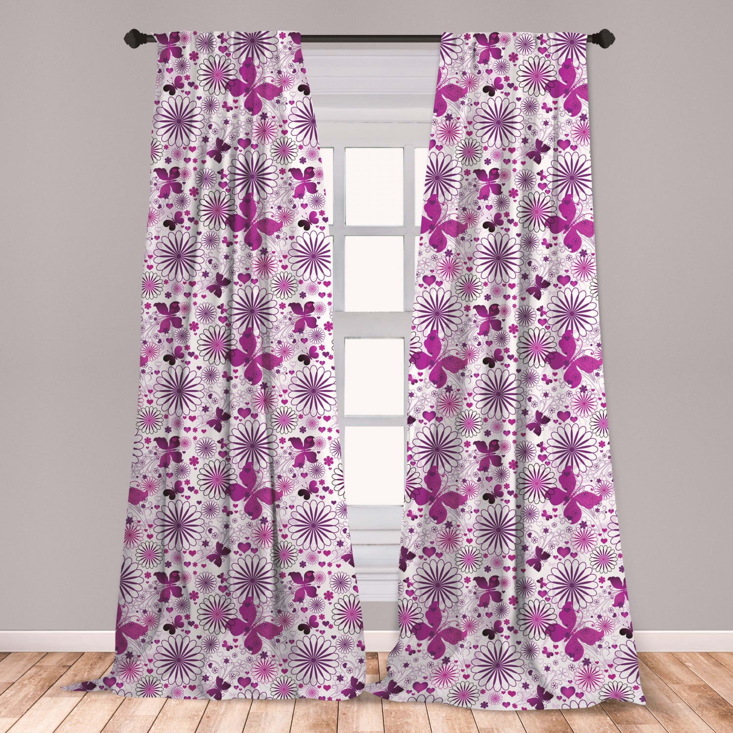 Butterfly Curtains 2 Panels Set, Flora and Fauna Image with Contrast