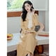 thumbnail image 5 of Traje de dos piezas de primavera y otoño para mujer, nueva ropa elegante de estilo socialité, abrigo de color amarillo crema de alta calidad, falda, 5 of 5