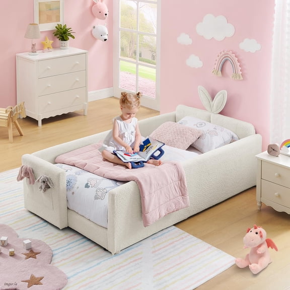 Twin Size Bed Frame with Rabbit Ear Headboard, Upholstered Boucle Fabric Twin Daybed with Slats Support & Side Pockets, Space-Saving Corner Sofa Couch Bed Frame for Girls, Boys
