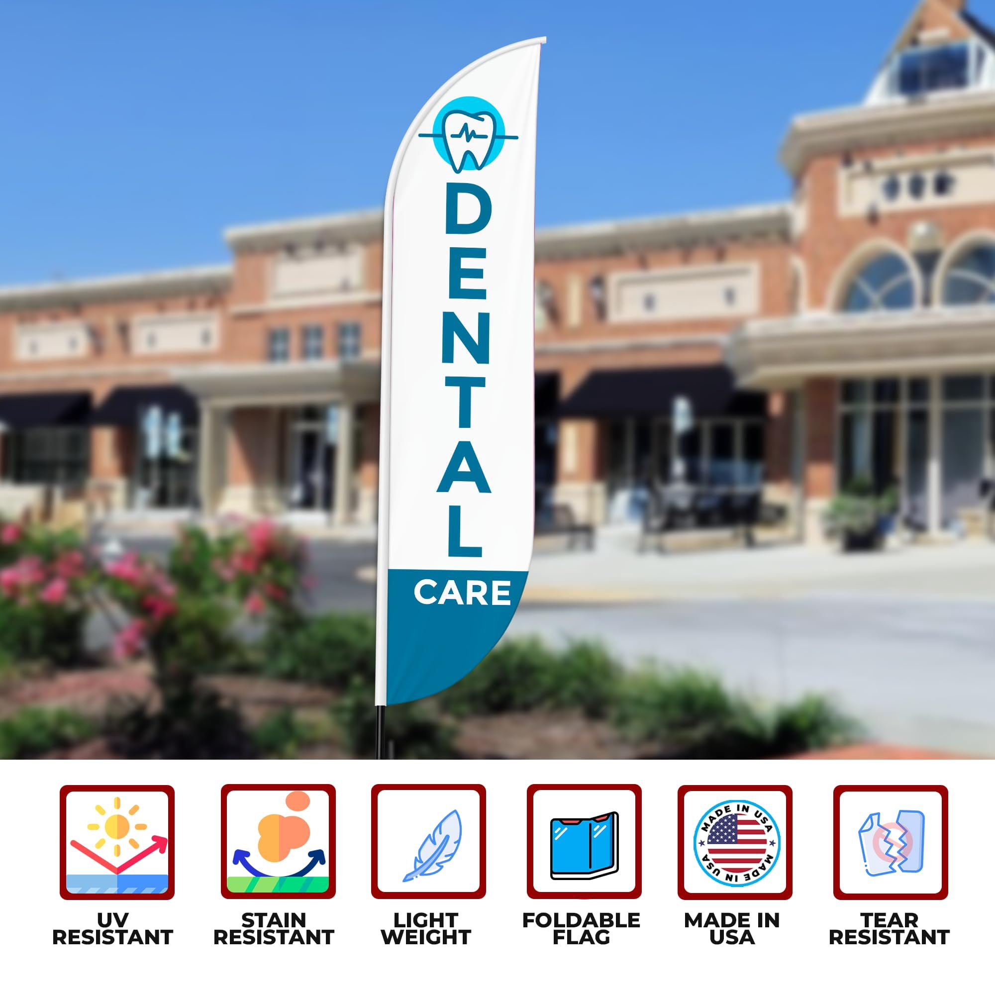Dental Care Sign feather flag Pole kit for Outdoor by Mavis | 15 FEET Tall Polyester Banner Flag Pole Mount with Cover | HD Print Swooper Flags to Promote Medicine | Made in USA