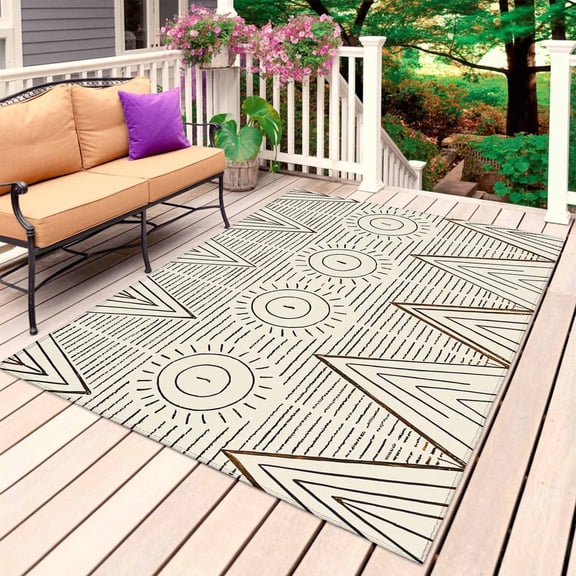 Black Beige Boho Outdoor Rug 4x6 Ft, Non Slip Washable Area Rug, Vintage Ethnic Tribe Abstract Art Patio Rugs Carpet Runner, Large Floor Mat for Indoor/Outdoor Deck Porch Camping