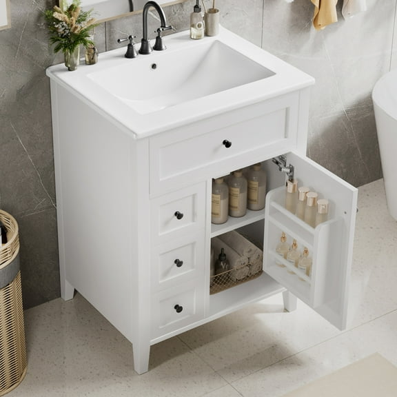 GDF Studio 24" Bathroom Vanity with Sink, 3 Drawers, Storage Cabinet, Adjustable Shelves, Modern Design, White