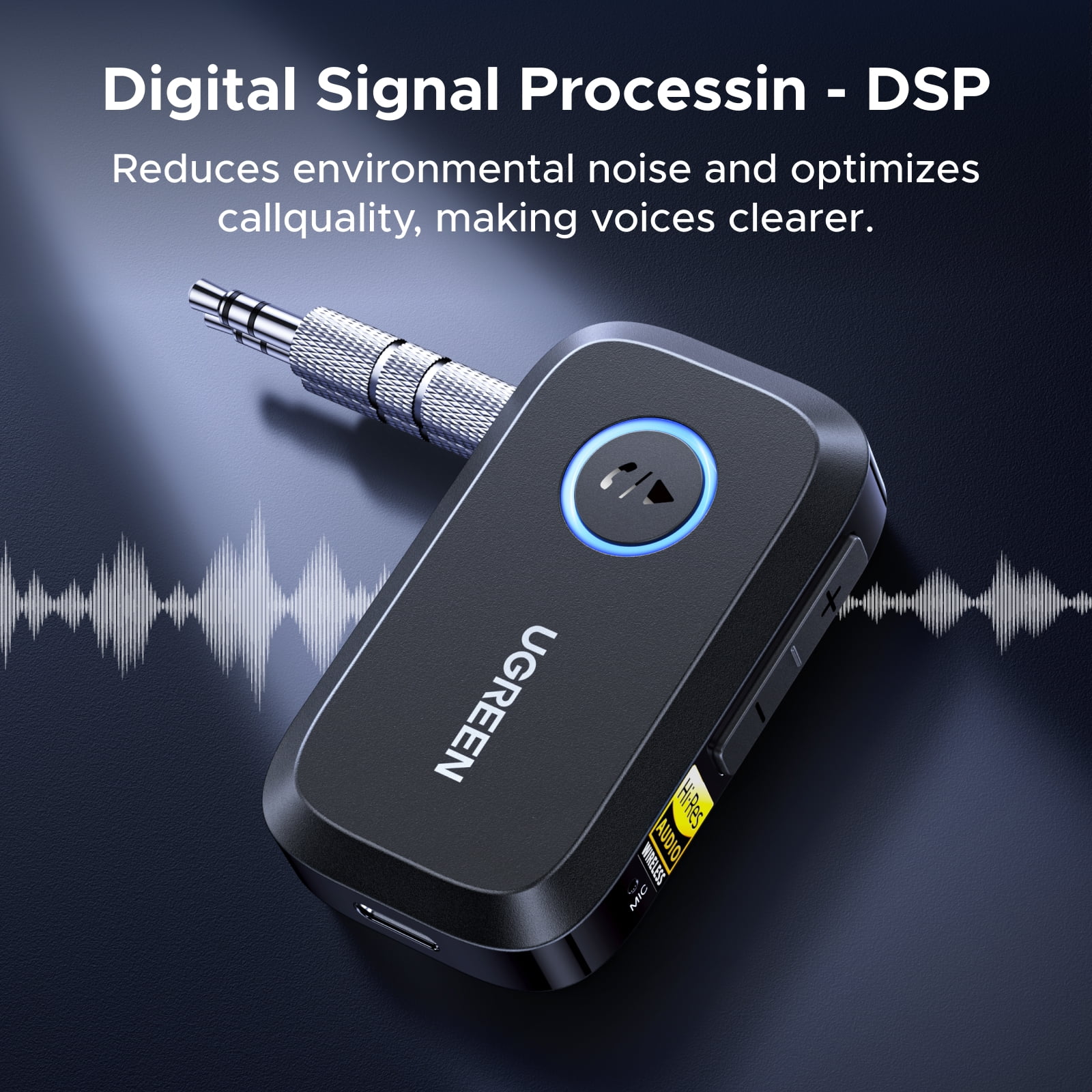 GREEN Bluetooth 6.0 Receiver for Car with LDAC, AI Noise Cancelling AUX Bluetooth Adapter, Hi-Res Wireless Audio Receiver for Home Stereo, 17H Battery - Black