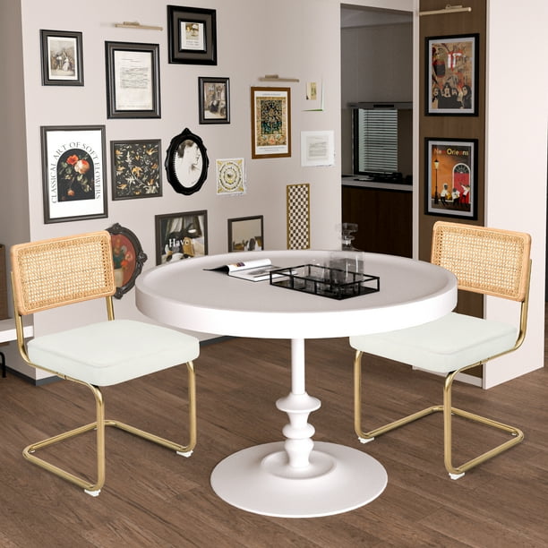 CangLong Mid Century Modern Natural Mesh Rattan Backrest Upholstered Velvet Seat Armless Chairs with Metal Legs for Home Kitchen Dining Room Set of