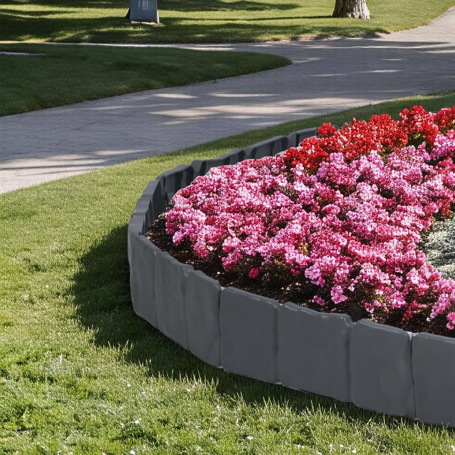 Imountek 16FT Flexible Non-Dig Plastic Landscape Border, 20Pcs Faux Cobbled Stone Garden Edging with Spikes, Shovel and Gloves