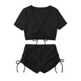 thumbnail image 4 of Charella 2-in-1 Swimsuits for Women 2-Piece Bathing Suits with Boyshorts Short Sleeve V-neck Crop Tops and Boyshorts with Side Straps Black,S, 4 of 6