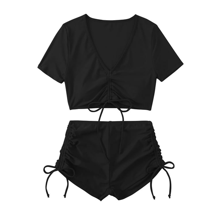 WREESH Womens Two Piece Swimsuit Short Sleeve Crop Top Bathing Suit Ruched Side Board Shorts Summer Bikini Sets Fashion Color Split Swimwear Set Black