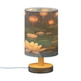 thumbnail image 2 of WOBOGO Kong Ming Lanterns in The Lotus Pond Bedroom Table Lamp USB Power Connector Wooden Base Round Linen Shade For Living Room Desk, 2 of 7