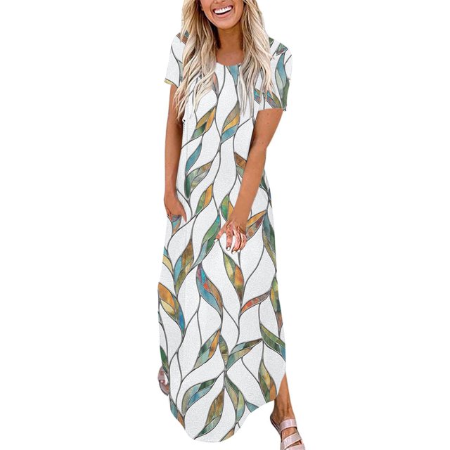 Ventes de Liquidation Aujourd'hui Offres Iumwxz Robes à Manches Courtes Col Rond pour Femmes Tunique Décontractée Robes Maxi Amples Robe Imprimée Feuilles Robe d'Été Coupe Ample pour les Vacances