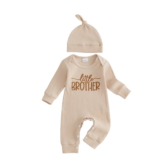 BemeyourBBs Newborn Baby Boy Little Brother Outfit Rib Knit Romper Letter Embroidered Long Sleeve Infant Spring Fall Winter Clothes Bodysuits Jumpsuits with Hat