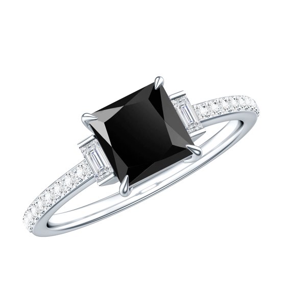 Princess Cut Lab Grown Black Diamond Solitaire Ring with Diamond (AAAA Quality), 925 Sterling Silver, US 4.00