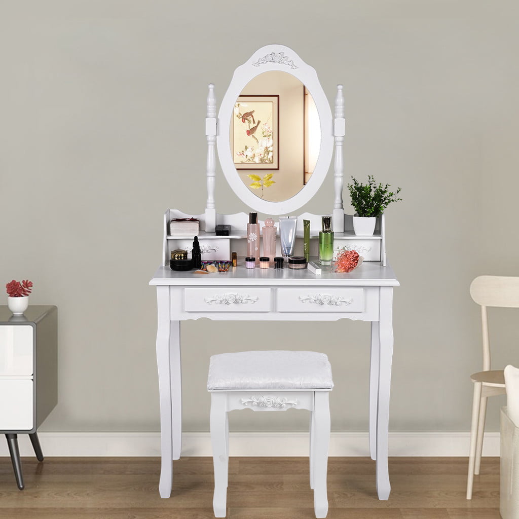 Details about   ~Vanity Table Set With Oval Mirror With 4 Drawers Dressing Table Cushioned Stool 
