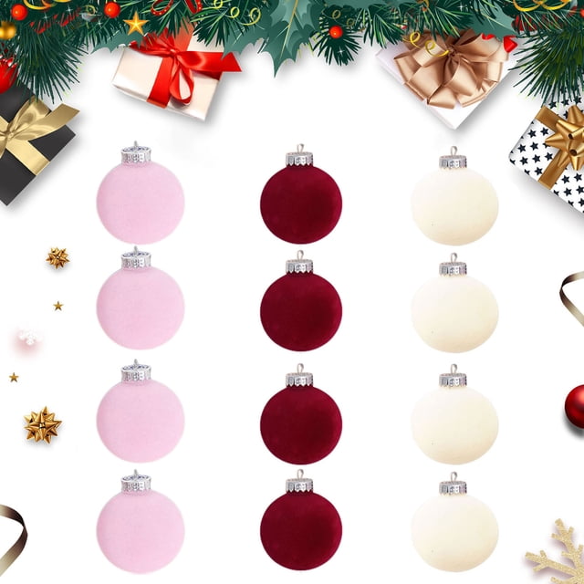 Decoración navideña 12 piezas Bolas navideñas de terciopelo Adornos navideños de bolas de plástico Adornos colgantes decorativos navideños Decoración para árbol de Navidad Bola decorativa de 3,14 pulg