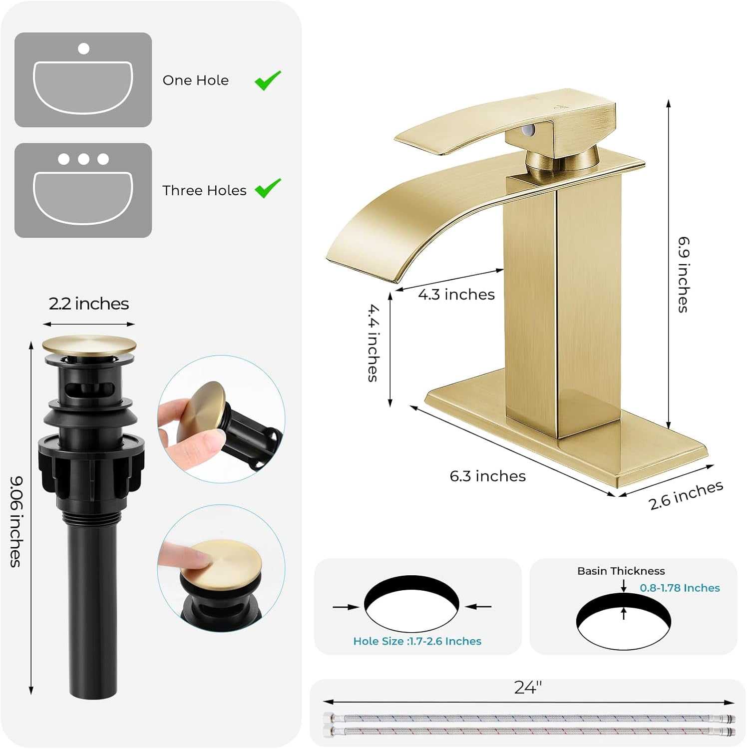 Brushed Gold Bathroom Faucets, Waterfall Bathroom Sink Faucet Modern Single Handle Bathroom Faucte 1 or 3 Hole, RV Mixer Tap Vanity Faucet - Includes Pop-up Drain Supply Hoses Deck Plate