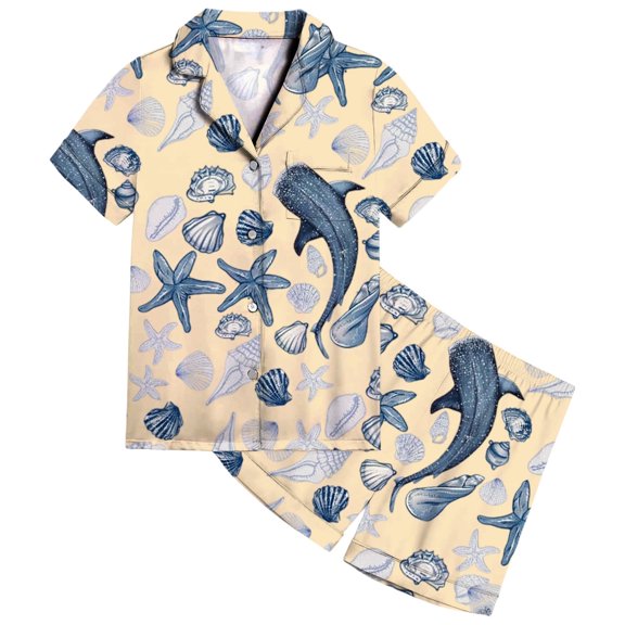 JCCXIN Toddler Baby Girls Sleepwear Lapel Short Sleeve Satin Set Ocean Themed Print Comfortable Casual Outfit Breathable Relaxed Leisure Homewear,Beige,2-3 Years