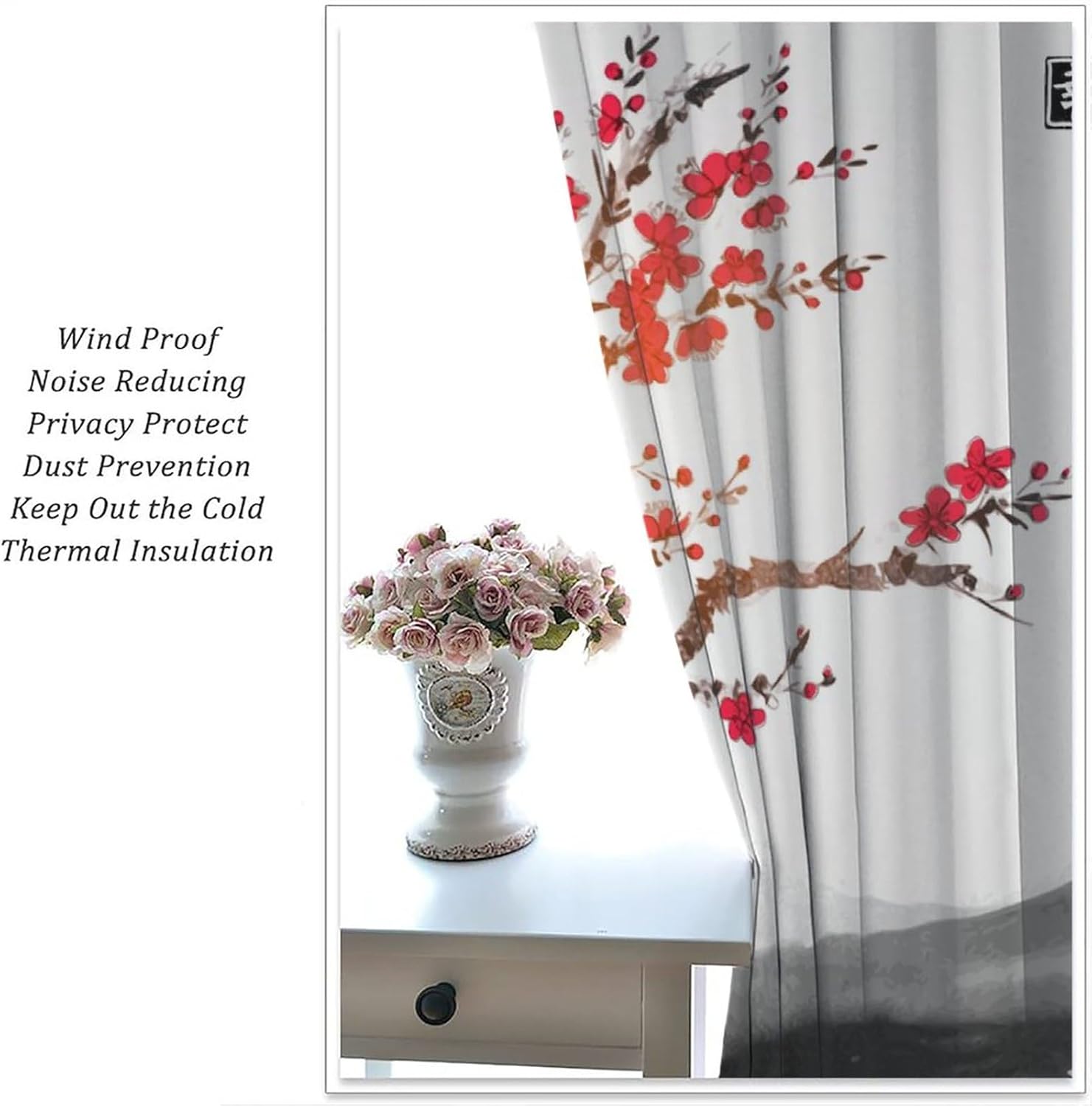 Japanese Asian Curtains Red Cherry Blossom Tree Traditional Ink Style Plant Mountain River Printed Curtain for Kitchen Bedroom Living Room Blackout Privacy Noise Reduction Curtain 84x84 Inch 2 Panels