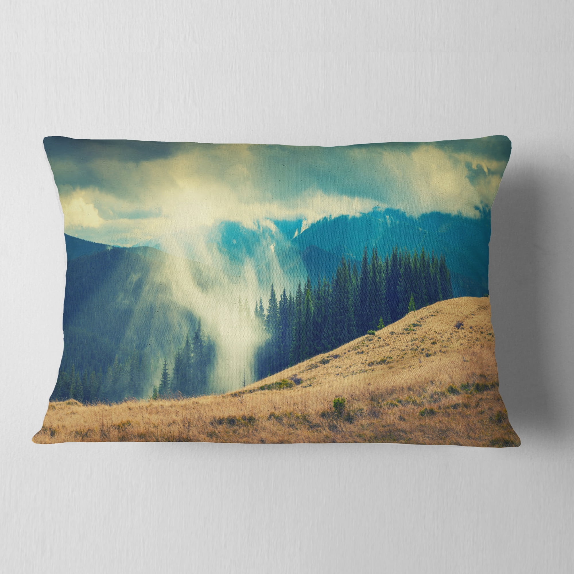 Designart Blue Forest in Fog - Landscape Photography Throw Pillow - 12x20