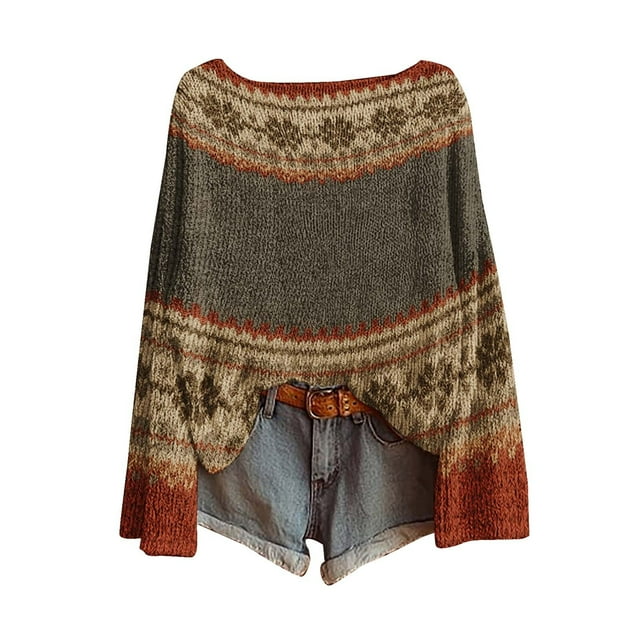 WTXUE Chandail Femme Fair Isle Tricot Boho Chandails Rétro Hiver Automne Décontracté Ample Col Rond Manches Longues Léger Imprimé Art Vintage Chandail Hauts T-Shirts Basiques Couche Chaude Hiver Rouge Brique S