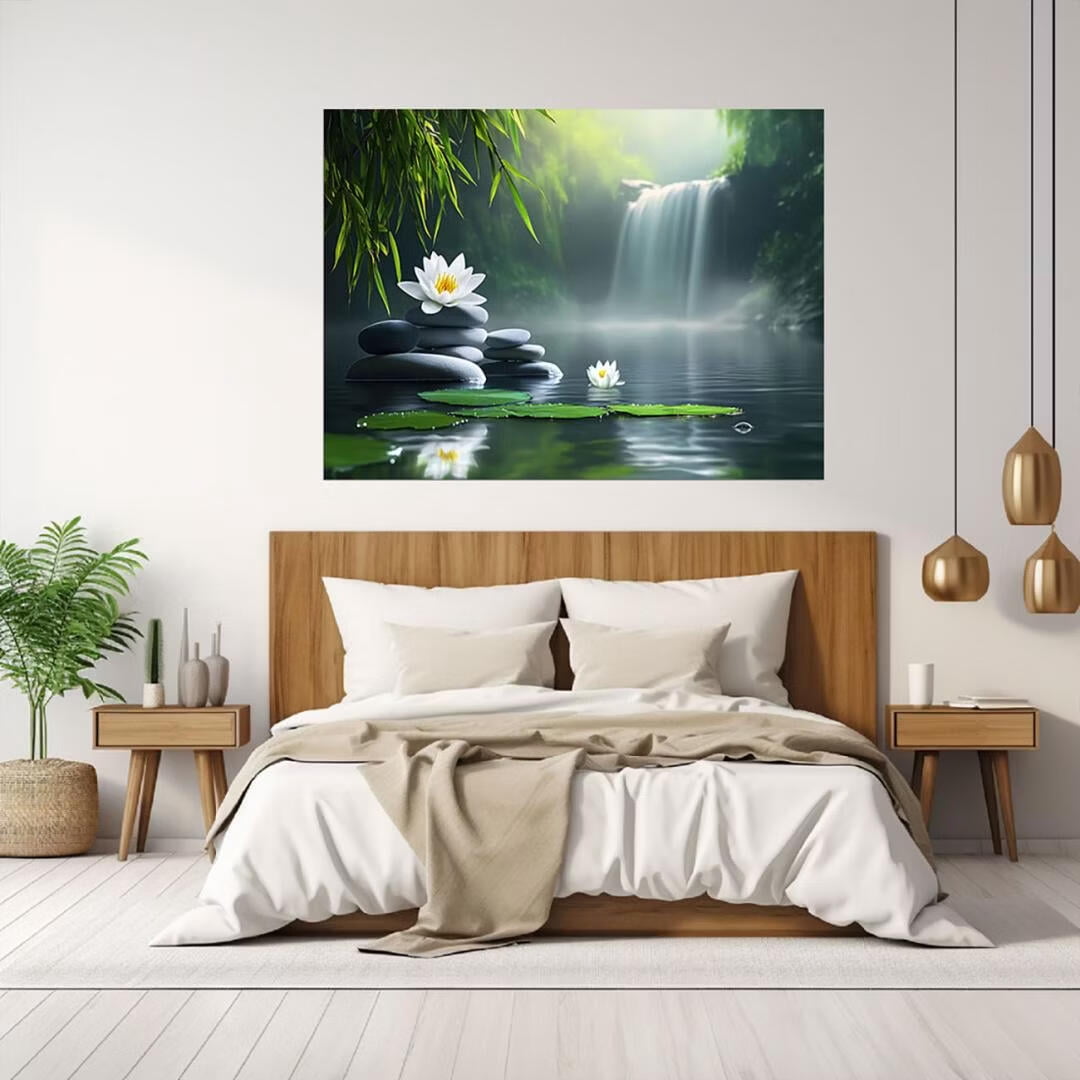 Mudket Framed Canvas Wall Art, Zen Waterfall Lotus Stacked Stones Wall Decor, Serene Spa Nature Waterproof Art Prints for Bathroom Bedroom Living Room Home Wall Decor - 30"L x 20"W