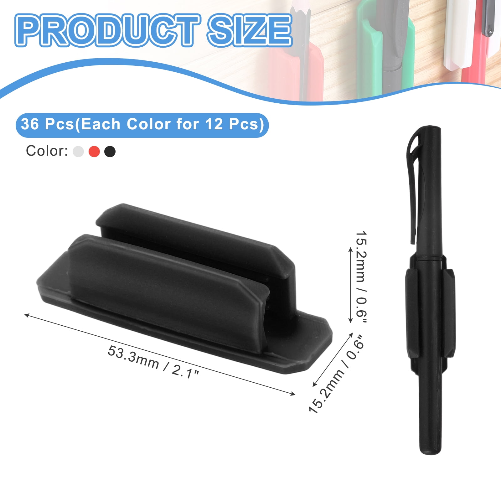 Adhesive Pen Holders, 36 Pack Silicone Flexible Pencil Holder Marker Clip Organizer for Walls, Clipboards, Writing Boards, Office, Car, Desk Accessories, Black/White/Red