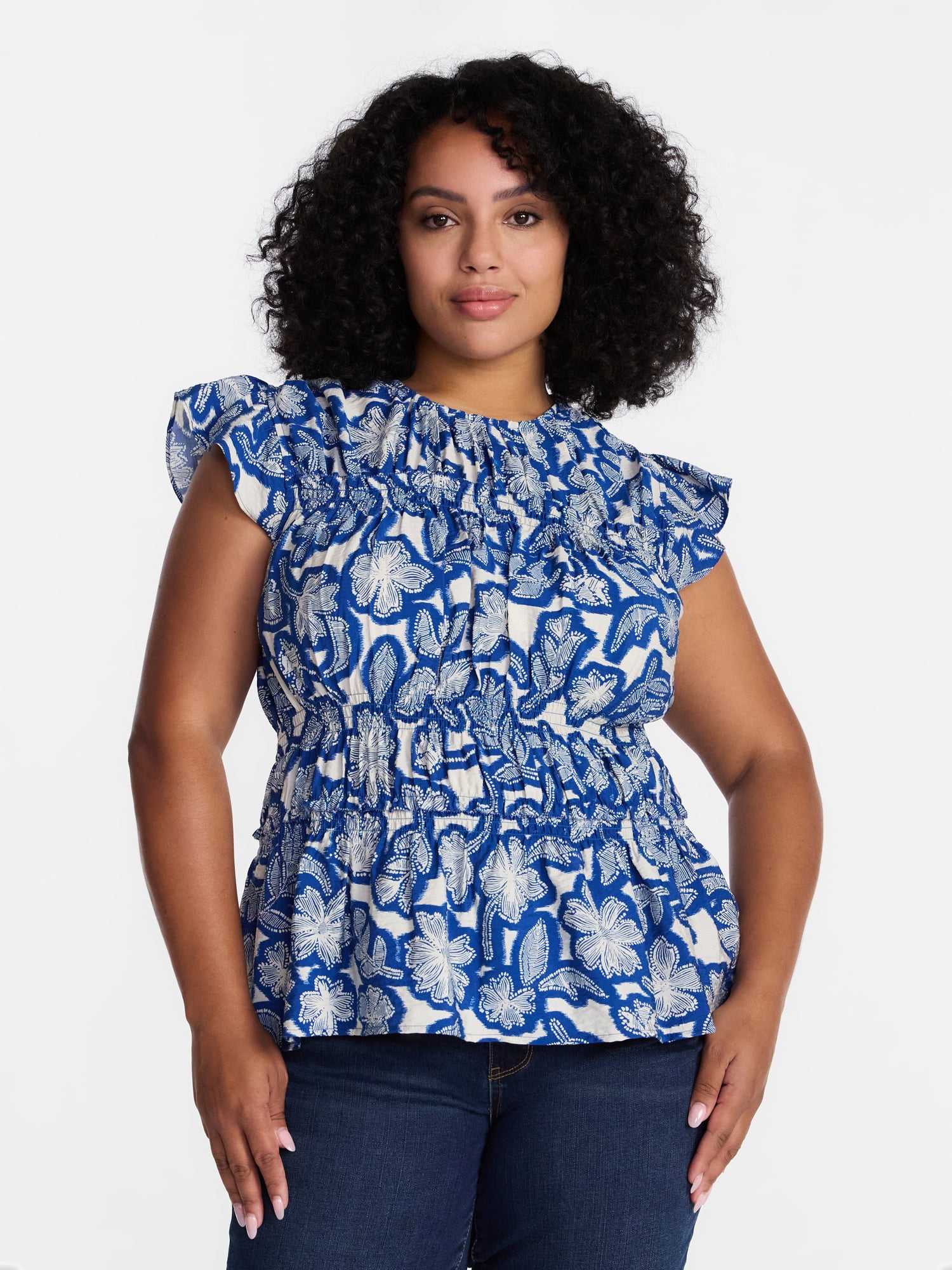 Time and Tru Women's Sleeveless Smocked Top with Ruffle Trim, Sizes XS-XXXL