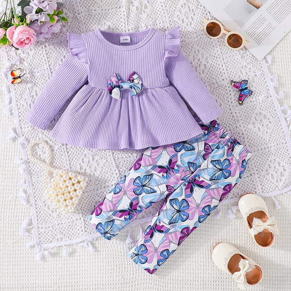 TBWNWG Toddler Girl Clothes Bowknot Ruffle Sleeve Top Floral Allover Pants 2PC Fall Winter Outfit Set (Purple,12-18 Months)