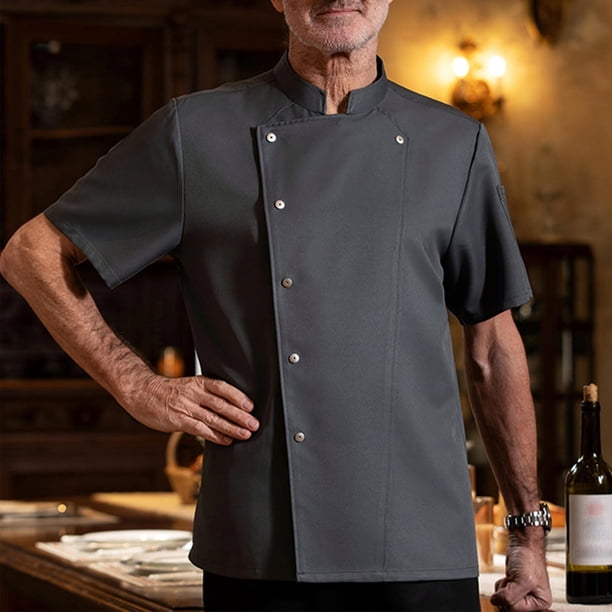 Blusa y camisa de manga corta con cuello alto para hombre, color liso, transpirable, para chef, con botones y botones, de poliéster.