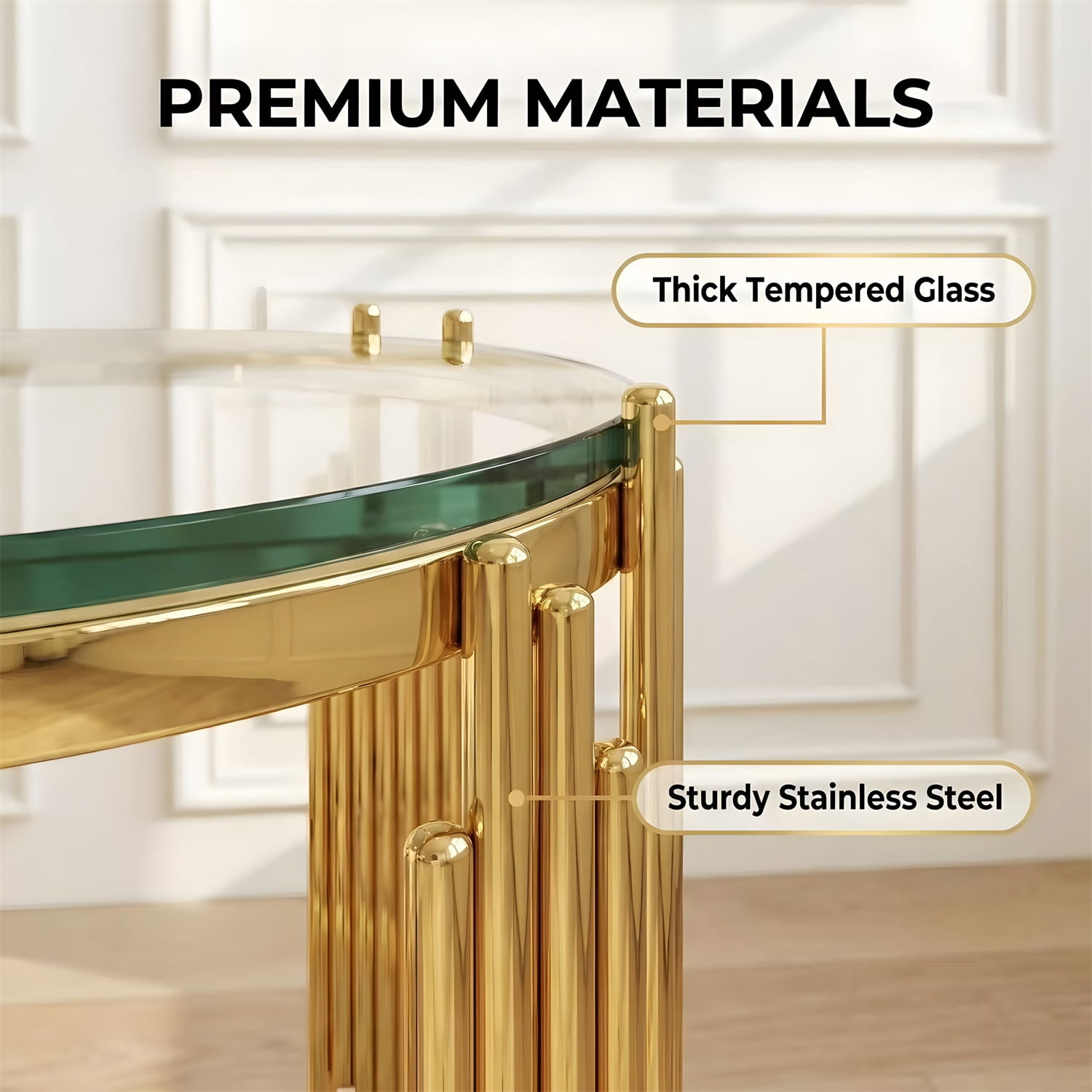 Hommoo 19.7 Inch Round Clear Glass End Table, 2-Tier Modern Luxury Side Table with Stainless Steel Organ-Pipe Base, Tempered Glass Top for Living Room, Bedroom & Home Office, Gold