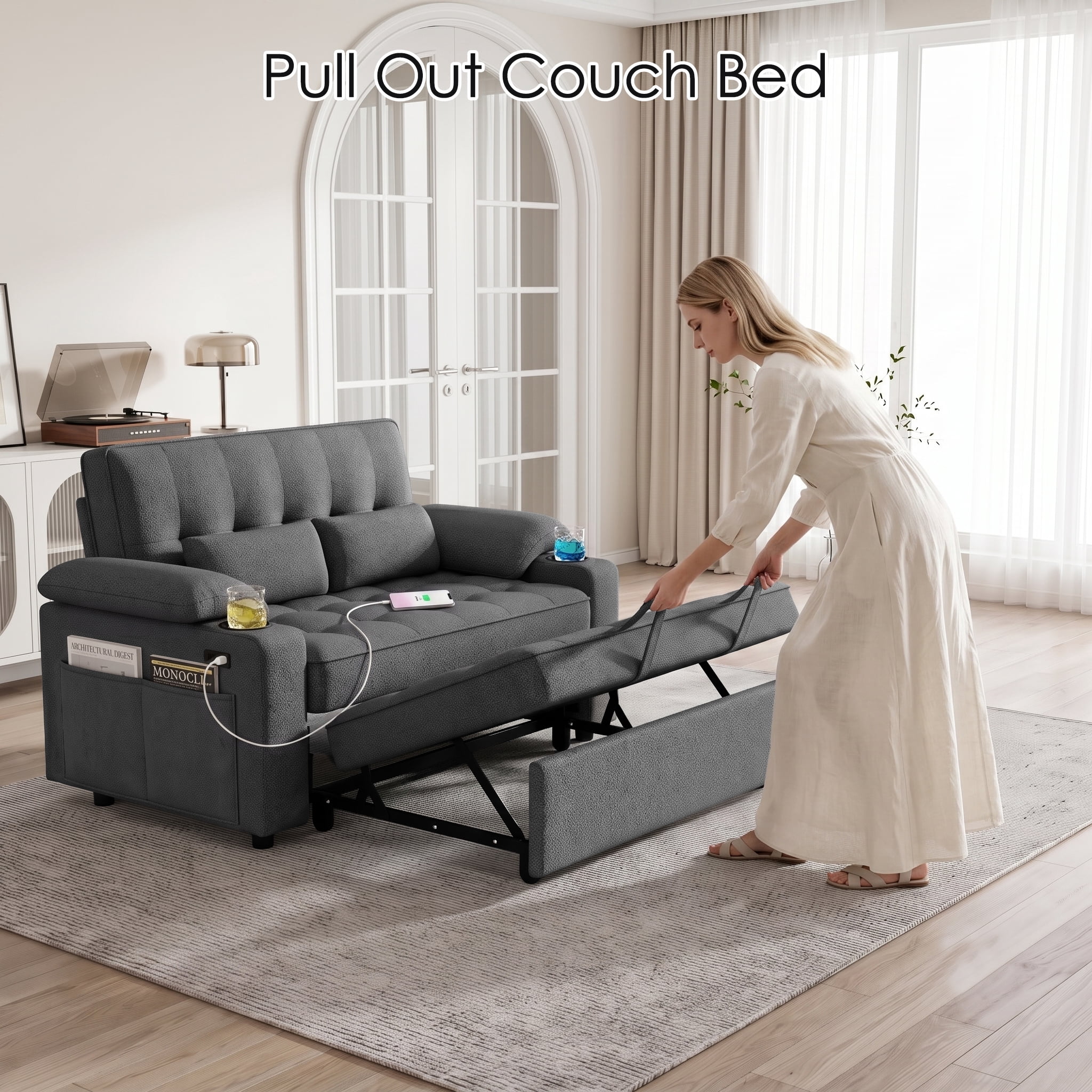58" Convertible Sleeper Sofa Bed, Full Size Pull Out Couch with USB Charging, Cup Holders, Adjustable Backrest & Side Pockets, Towel Fabric Loveseat for Living Room, Apartment, Office (Dark Gray)