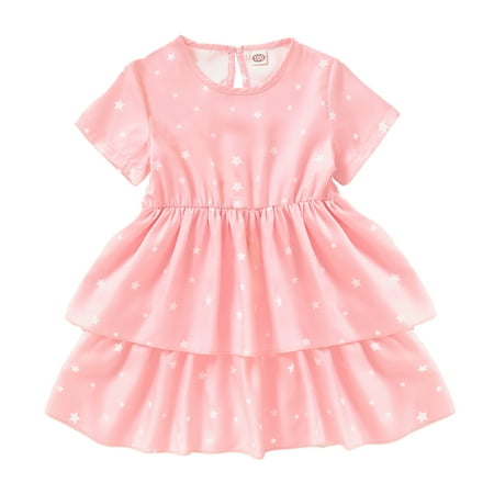 

12 Months Baby Girls Clothes 24 Months Toddler Girls Summer Dress Solid Color Dress Short Sleeve Stars Print Dress Layered Dress Pink Dress