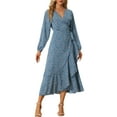thumbnail image 1 of INSPIRE CHIC Women's Floral Long Sleeve Wrap Tie Waist Ruffle Split Hem Boho Maxi Dress Blue XL, 1 of 5