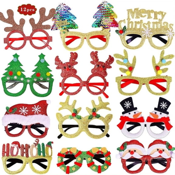 TETOU 12Pcs Christmas Glitter Glasses Frame Set,Cute Xmas Glasses Christmas Decoration Accessories Costume Eyeglasses for Fun Christmas Party Holiday Gifts Favors(One Size Fits All)