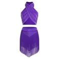 thumbnail image 5 of Aislor Women's 2 Piece Salsa Samba Ballroom Latin Dance Outfits Shiny Crop Top with Fringe Skirt Purple L, 5 of 7