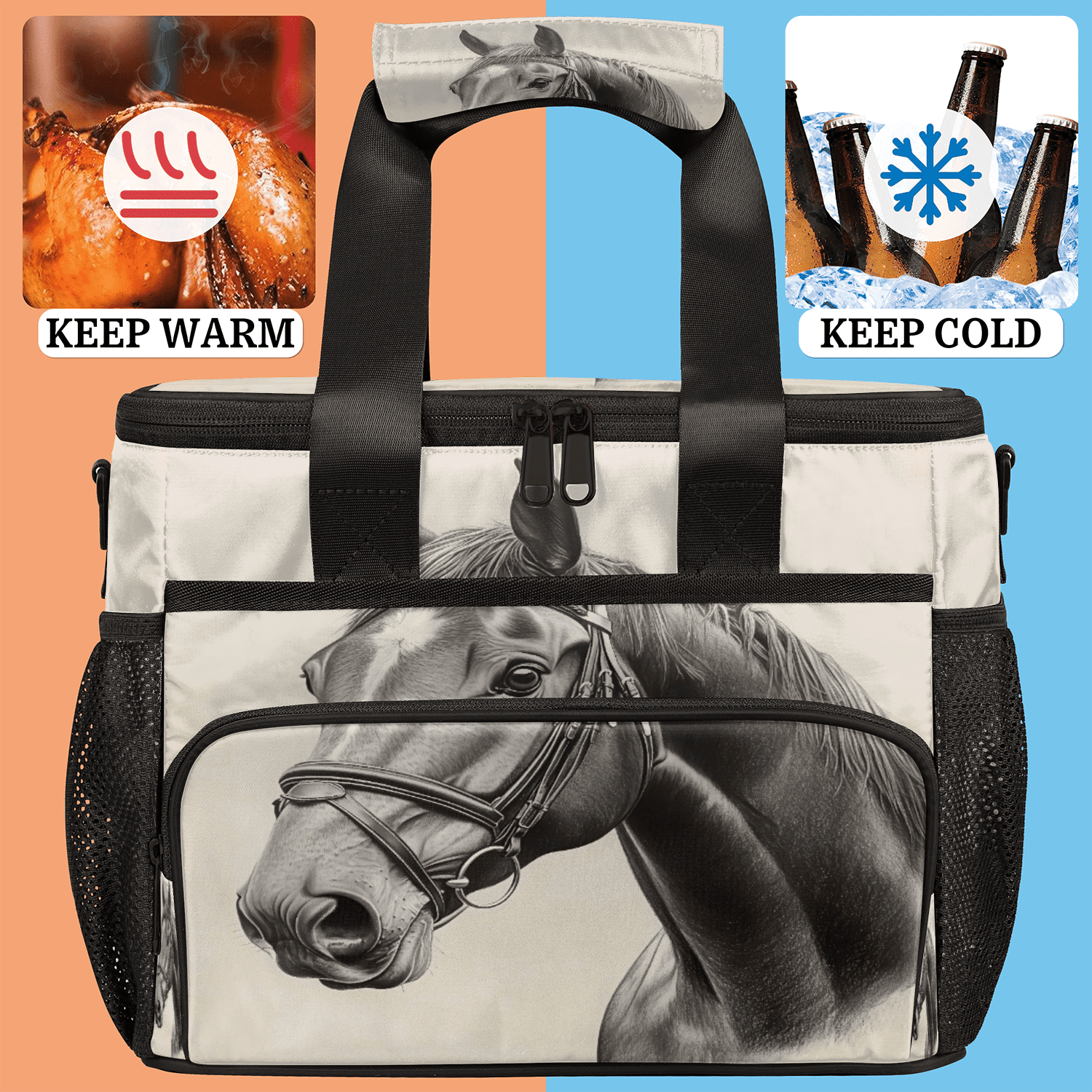 Herdesigns Horse Print Large Lunch Box for Adults Women Men with Adjustable Shoulder Strap, Insulated Reusable Lunch Bag Leakproof Cooler Tote Bag