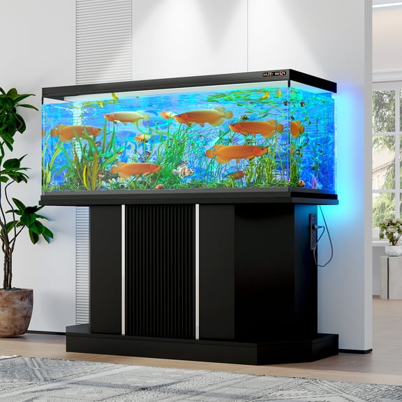 Aquarium Stand with Power Outlet, 55-75 Gallon Fish Tank Stand, Heavy Duty Metal Frame Aquarium Cabinet with 4 AC Outlets 2 USB Ports, Water-Resistant Black Storage for Turtle Tank, Reptile Terrarium