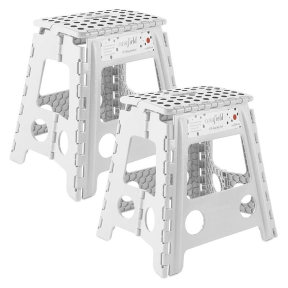16" Folding Step Stool with Handle (Set of 2), White - Portable Collapsible Small Plastic Foot Stool for Adults - Use in The Kitchen, Bathroom and Bedroom 16-Inch